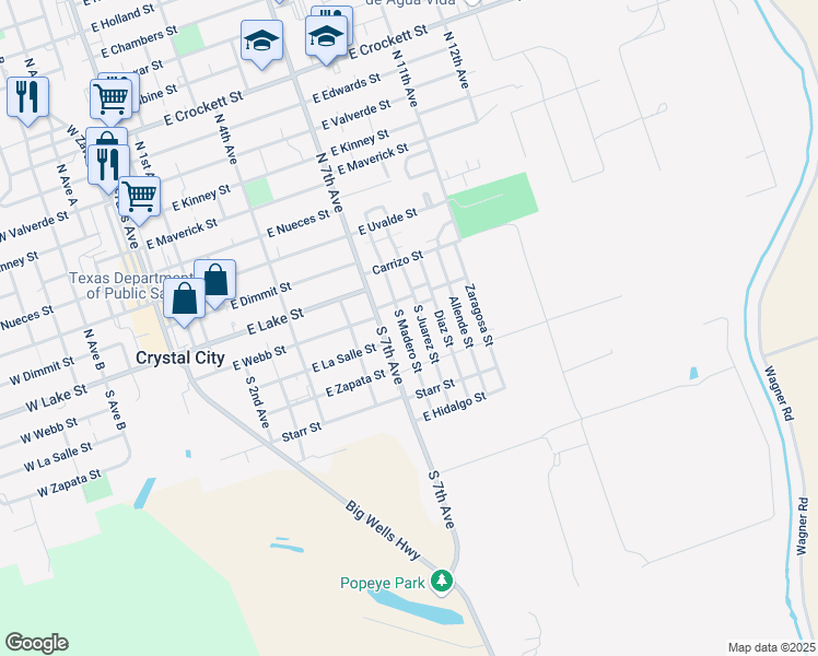 map of restaurants, bars, coffee shops, grocery stores, and more near 229 South Madero Street in Crystal City