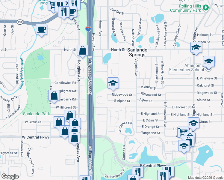 map of restaurants, bars, coffee shops, grocery stores, and more near 226 Oakhurst Street in Altamonte Springs