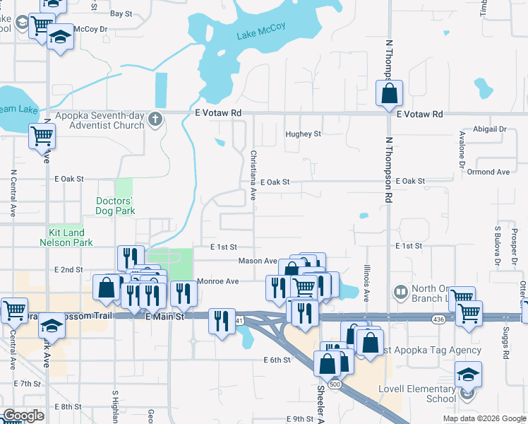 map of restaurants, bars, coffee shops, grocery stores, and more near 705 East Magnolia Street in Apopka