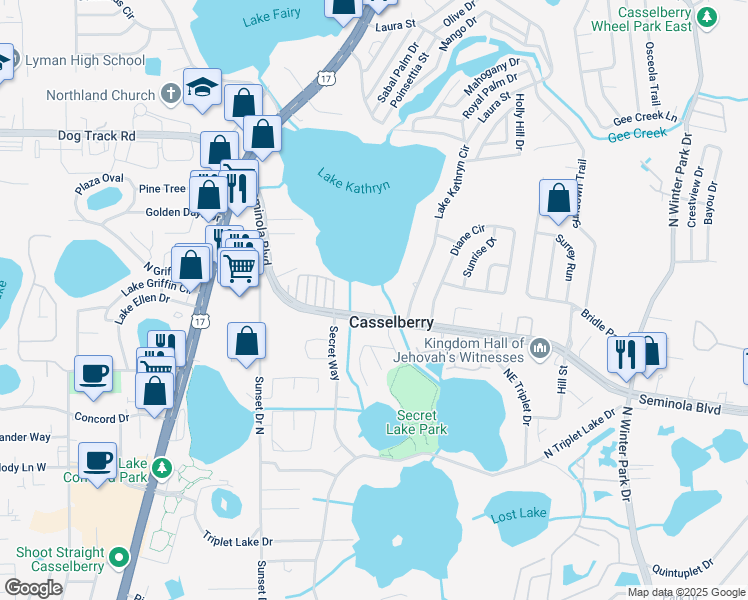 map of restaurants, bars, coffee shops, grocery stores, and more near in Casselberry