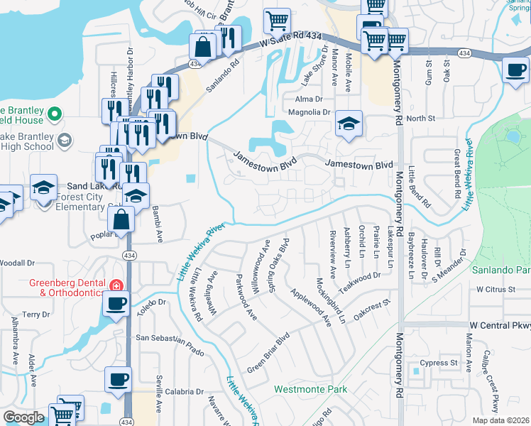 map of restaurants, bars, coffee shops, grocery stores, and more near 698 Roaring Drive in Altamonte Springs