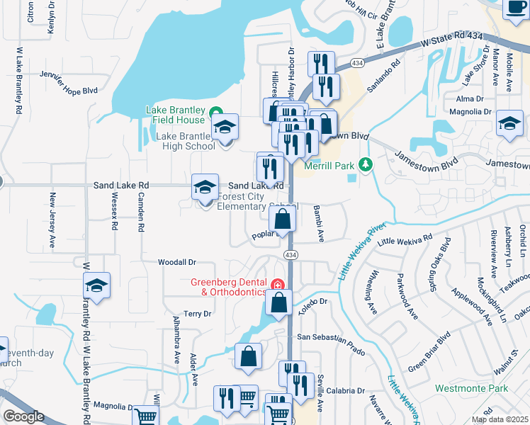 map of restaurants, bars, coffee shops, grocery stores, and more near 907 Wrenwood Lane in Altamonte Springs