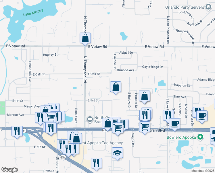 map of restaurants, bars, coffee shops, grocery stores, and more near 1323 East 1st Street in Apopka