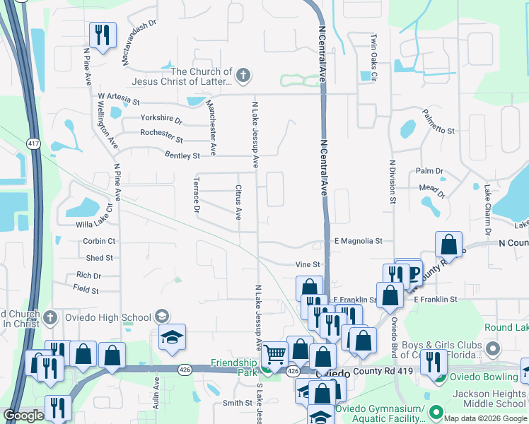 map of restaurants, bars, coffee shops, grocery stores, and more near 136 Heatherbrooke Circle in Oviedo