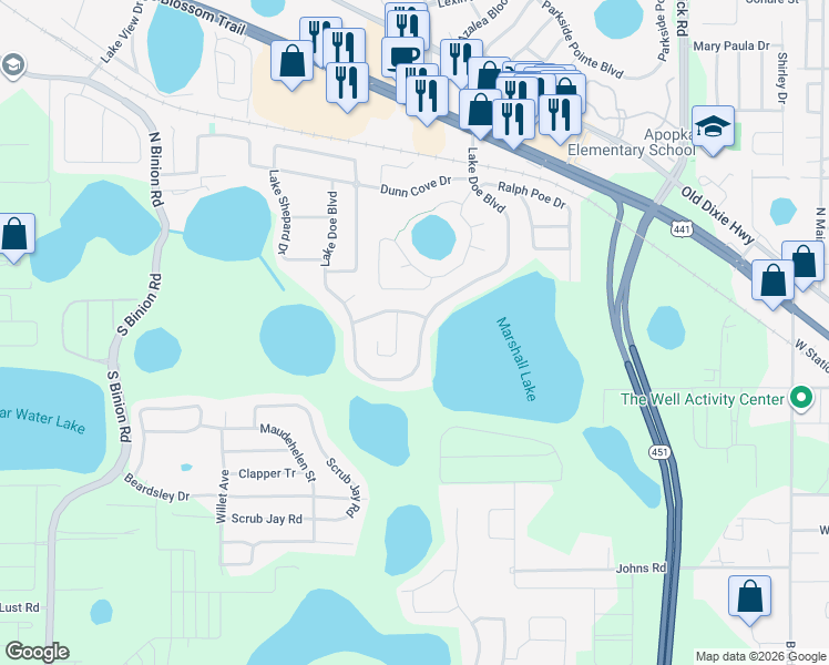 map of restaurants, bars, coffee shops, grocery stores, and more near 578 Lake Doe Boulevard in Apopka