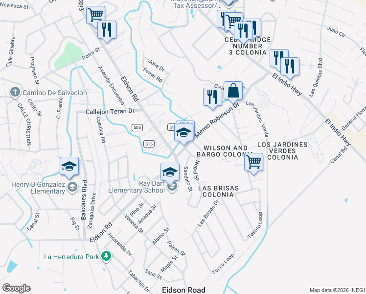 map of restaurants, bars, coffee shops, grocery stores, and more near 575 Memo Robinson Drive in Eagle Pass