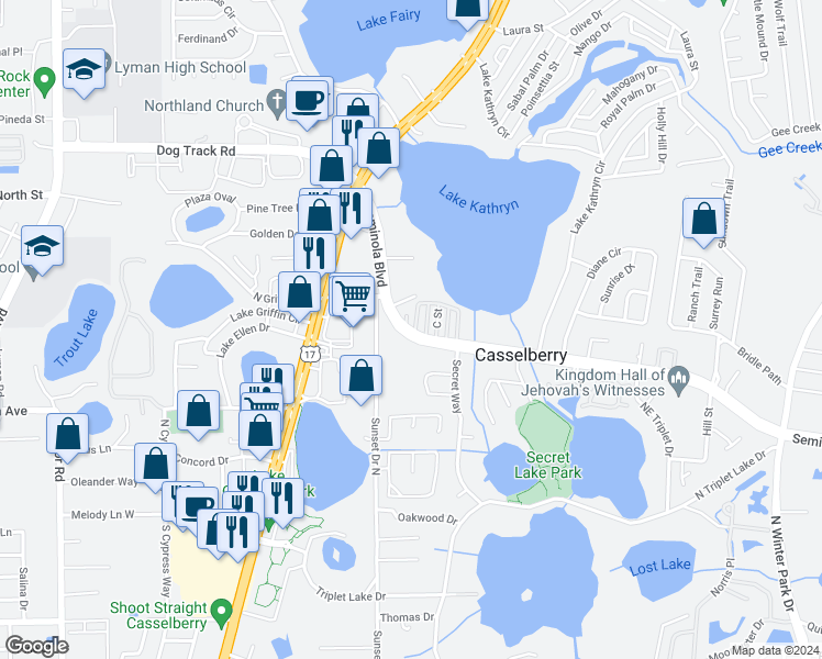 map of restaurants, bars, coffee shops, grocery stores, and more near 204 E Street in Casselberry