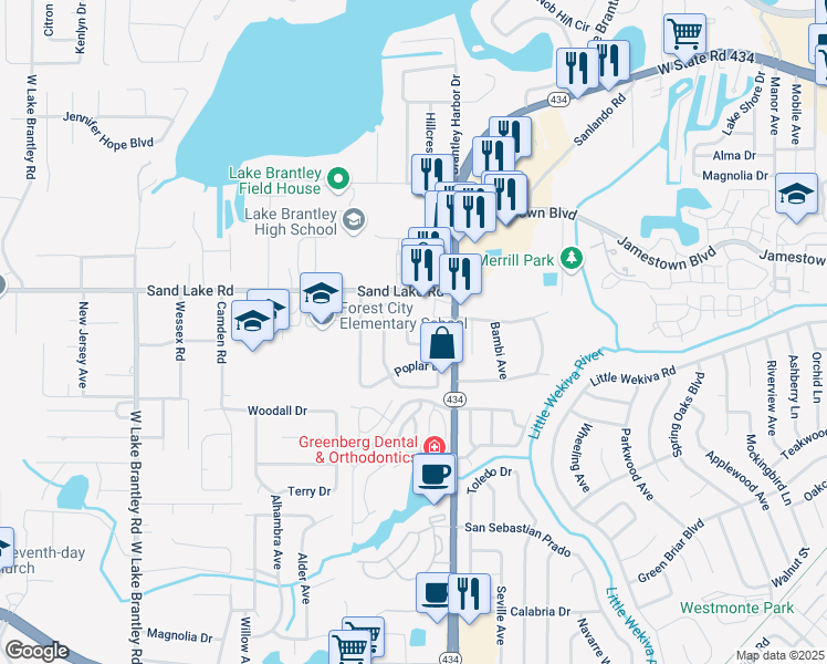 map of restaurants, bars, coffee shops, grocery stores, and more near 907 Wrenwood Lane in Altamonte Springs