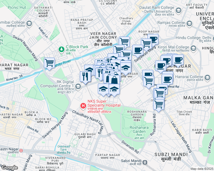 map of restaurants, bars, coffee shops, grocery stores, and more near Nangia Park Chowk in Delhi
