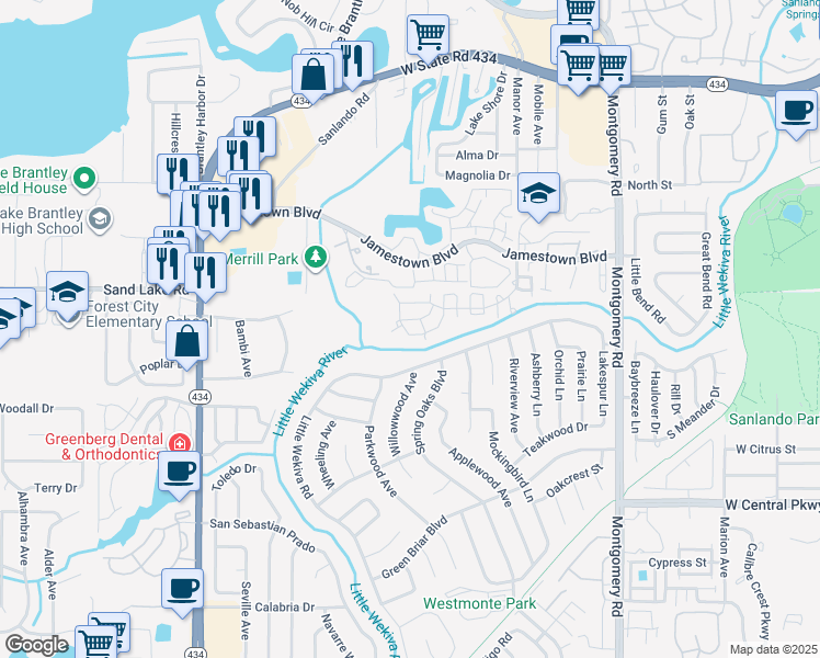 map of restaurants, bars, coffee shops, grocery stores, and more near 682 Youngstown Parkway in Altamonte Springs
