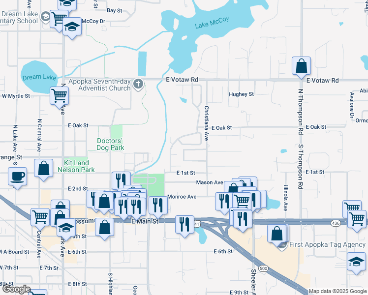 map of restaurants, bars, coffee shops, grocery stores, and more near 642 Whitetail Loop in Apopka