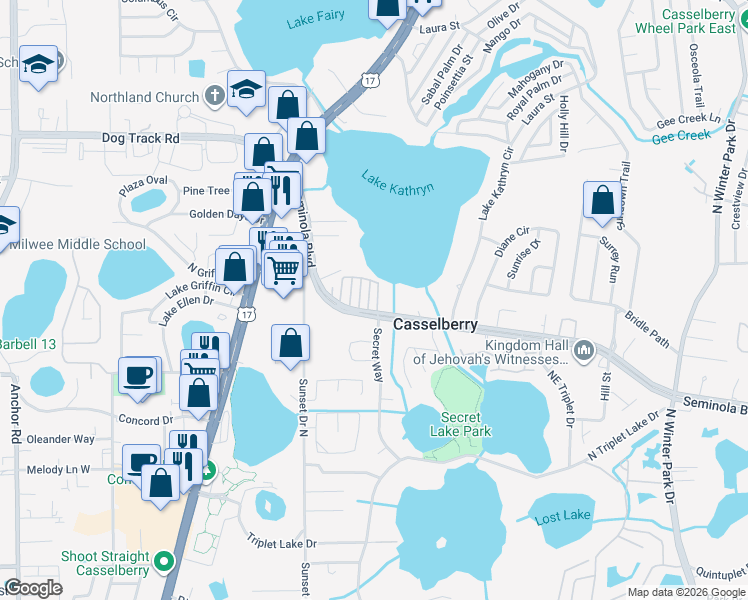 map of restaurants, bars, coffee shops, grocery stores, and more near 317 Seminola Boulevard in Casselberry