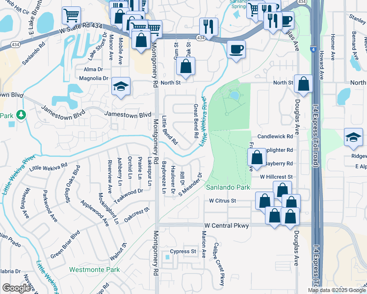 map of restaurants, bars, coffee shops, grocery stores, and more near 870 Little Bend Road in Altamonte Springs