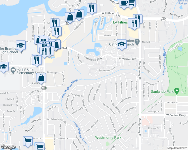 map of restaurants, bars, coffee shops, grocery stores, and more near 698 Roaring Drive in Altamonte Springs