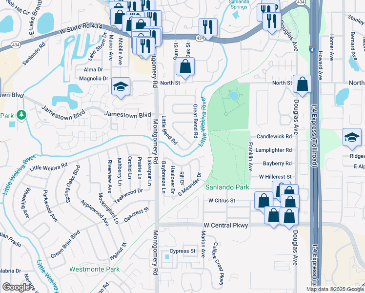 map of restaurants, bars, coffee shops, grocery stores, and more near 870 Little Bend Road in Altamonte Springs