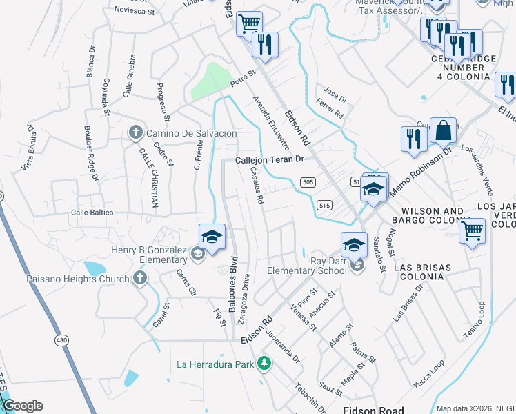 map of restaurants, bars, coffee shops, grocery stores, and more near 941 Casales Road in Eagle Pass