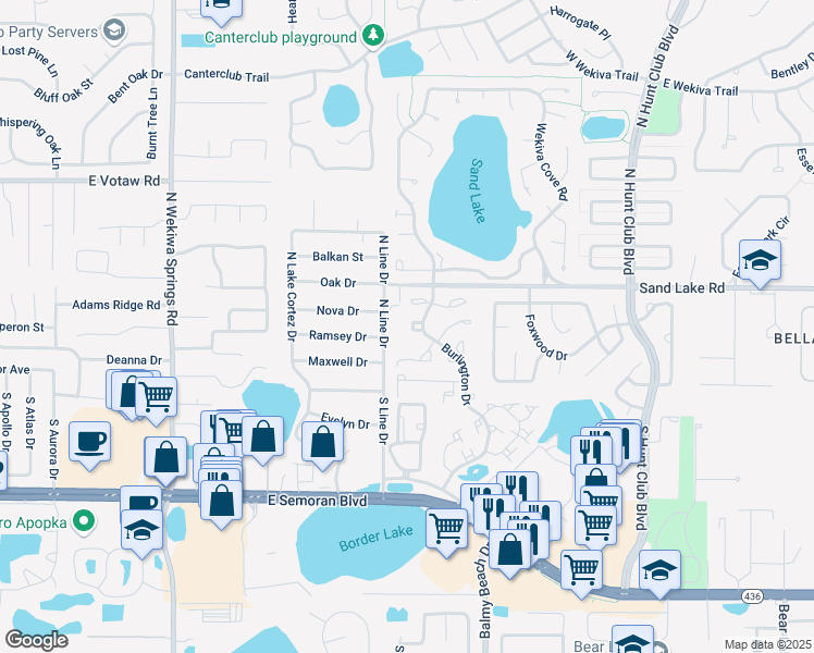 map of restaurants, bars, coffee shops, grocery stores, and more near 107 North Line Thru 111 in Apopka