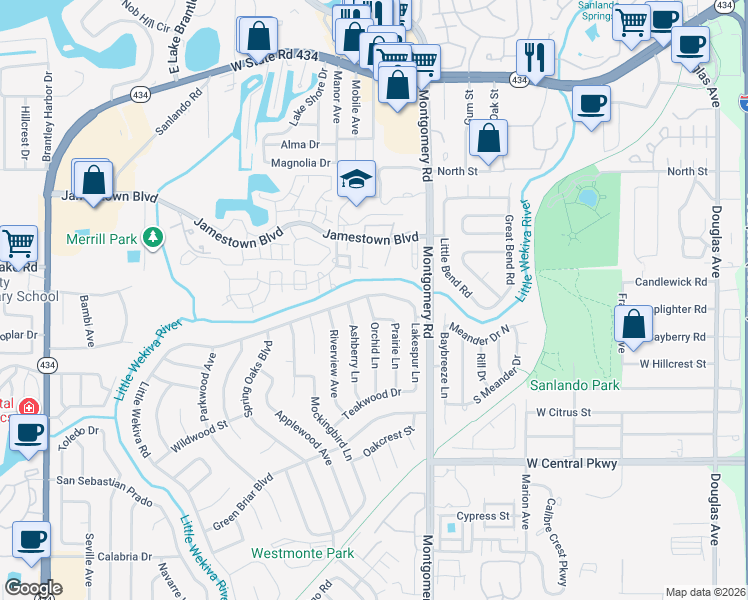 map of restaurants, bars, coffee shops, grocery stores, and more near 516 Little Wekiva Road in Altamonte Springs
