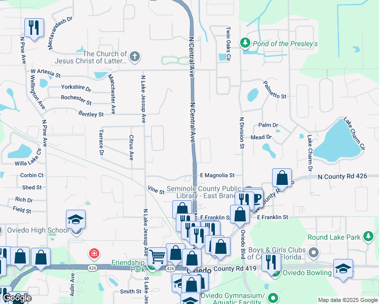 map of restaurants, bars, coffee shops, grocery stores, and more near 57 Sweetwater Creek Circle in Oviedo
