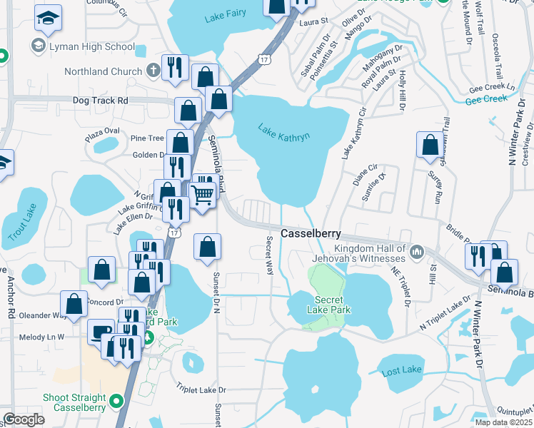 map of restaurants, bars, coffee shops, grocery stores, and more near 317 Seminola Boulevard in Casselberry