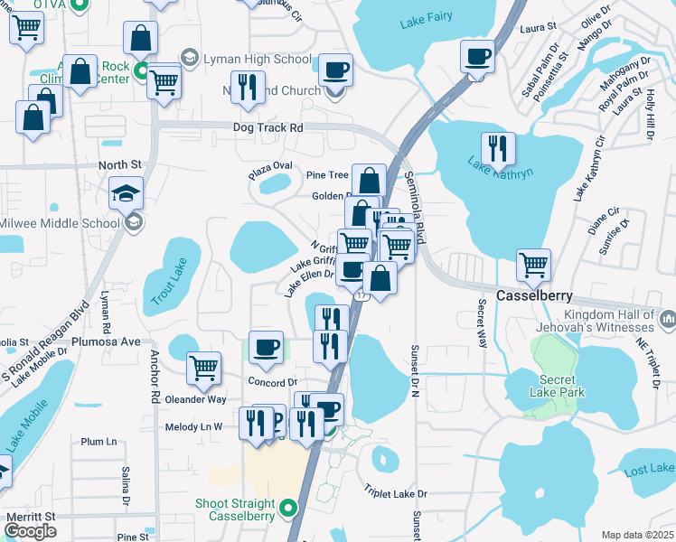 map of restaurants, bars, coffee shops, grocery stores, and more near 241 Lake Ellen Drive in Casselberry