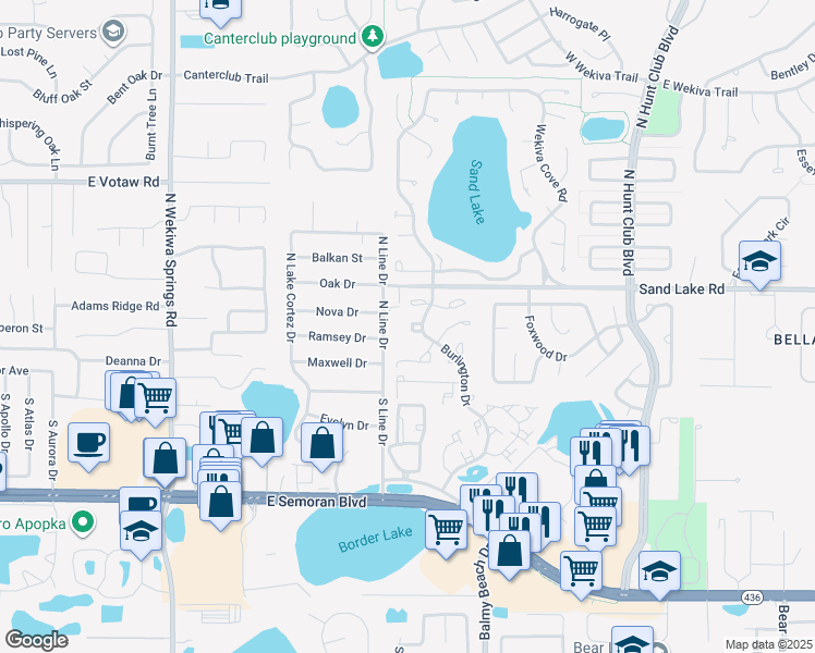 map of restaurants, bars, coffee shops, grocery stores, and more near 107 North Line Thru 111 in Apopka