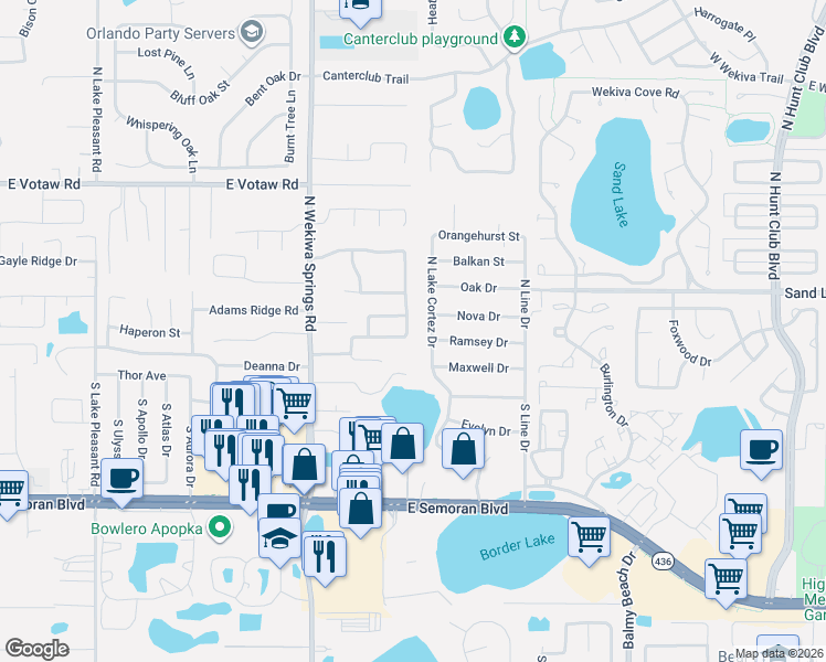 map of restaurants, bars, coffee shops, grocery stores, and more near 62 North Lake Cortez Drive in Apopka