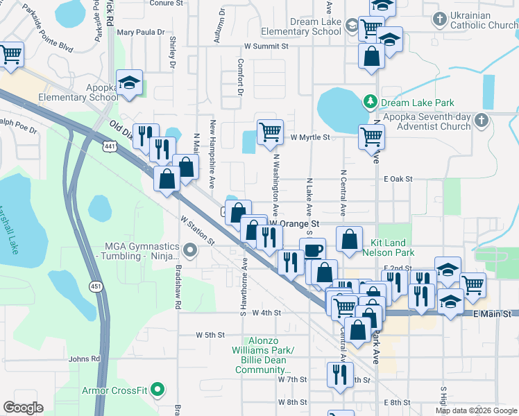 map of restaurants, bars, coffee shops, grocery stores, and more near 201 West Orange Street in Apopka
