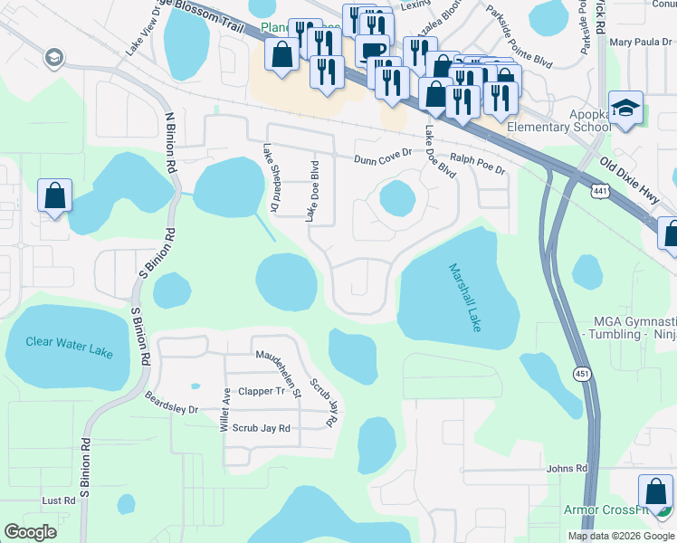 map of restaurants, bars, coffee shops, grocery stores, and more near 792 Lake Doe Boulevard in Apopka