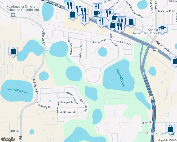 map of restaurants, bars, coffee shops, grocery stores, and more near 1752 West Marshall Lake Drive in Apopka