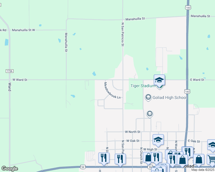 map of restaurants, bars, coffee shops, grocery stores, and more near 741 Meadowbrook Lane in Goliad