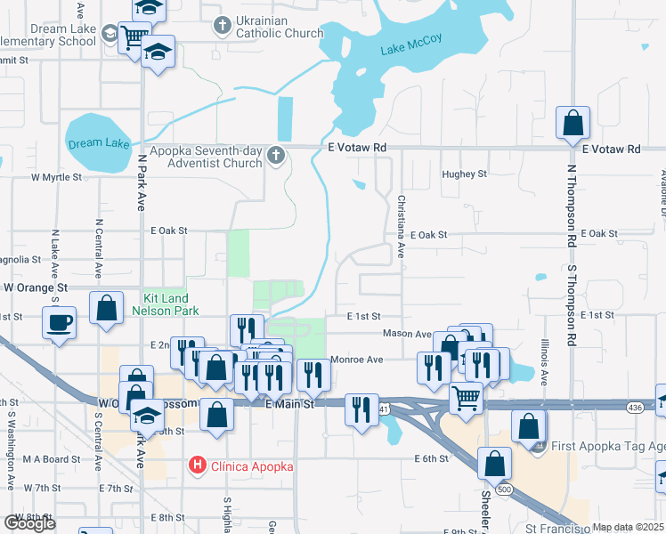 map of restaurants, bars, coffee shops, grocery stores, and more near 108 North Cervidae Drive in Apopka