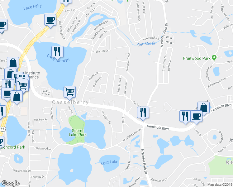 map of restaurants, bars, coffee shops, grocery stores, and more near 400 Ranch Trail in Casselberry