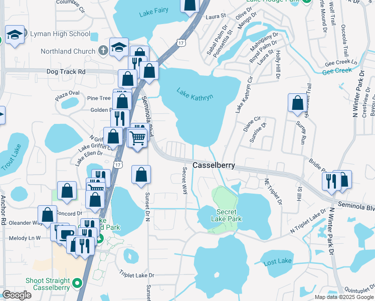 map of restaurants, bars, coffee shops, grocery stores, and more near 317 Seminola Boulevard in Casselberry