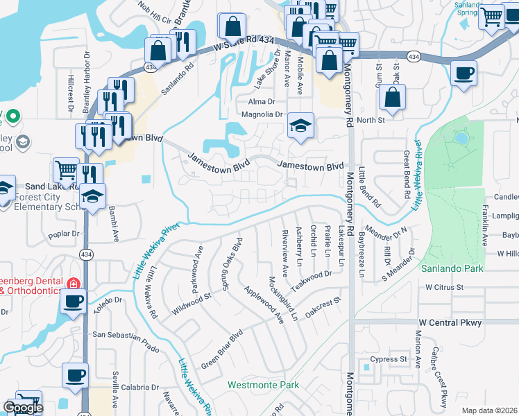 map of restaurants, bars, coffee shops, grocery stores, and more near 537 Little Wekiva Road in Altamonte Springs