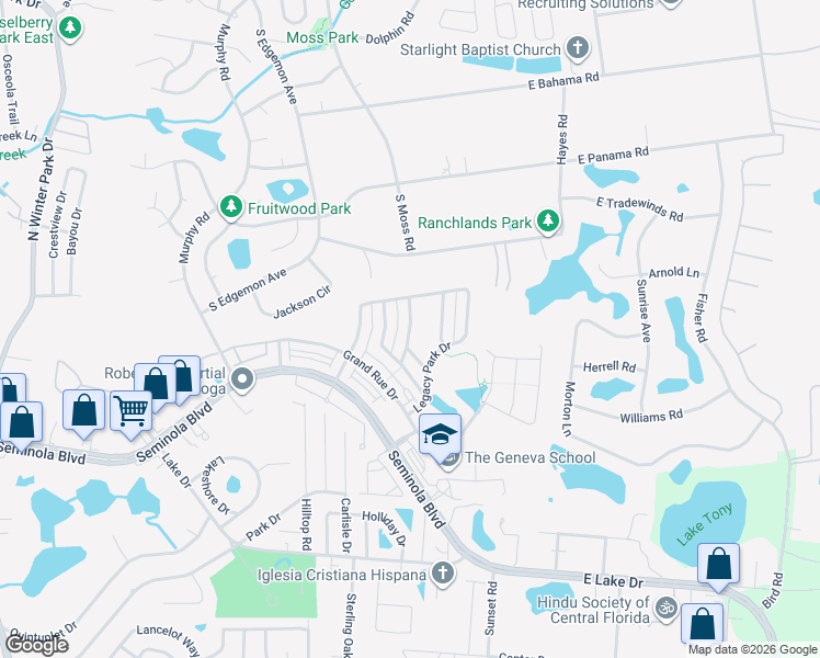 map of restaurants, bars, coffee shops, grocery stores, and more near 2024 Manhattan Lane in Casselberry