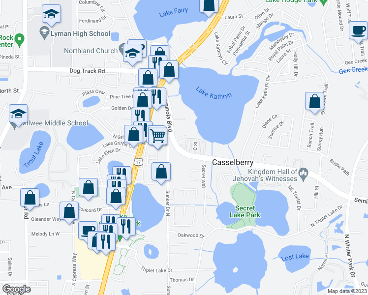 map of restaurants, bars, coffee shops, grocery stores, and more near 433 D Street in Casselberry