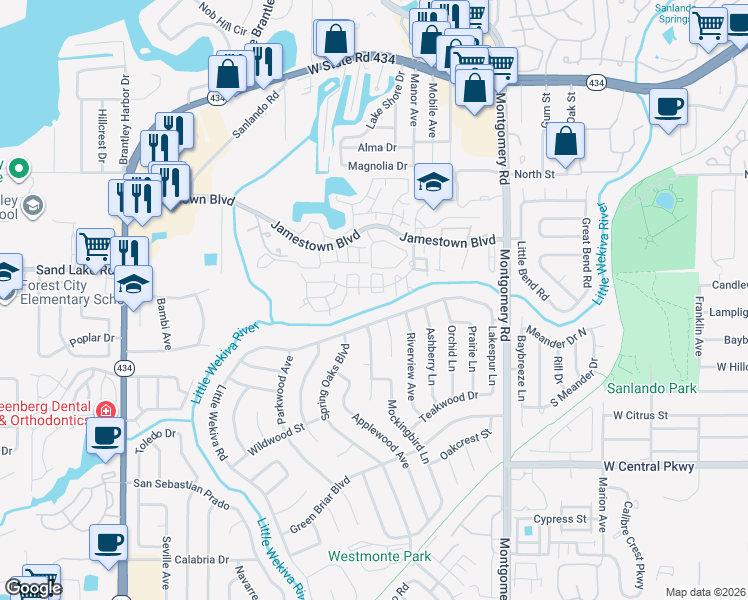 map of restaurants, bars, coffee shops, grocery stores, and more near 537 Little Wekiva Road in Altamonte Springs