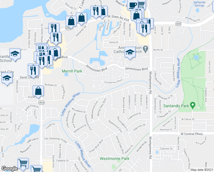 map of restaurants, bars, coffee shops, grocery stores, and more near 672 Roaring Drive in Altamonte Springs