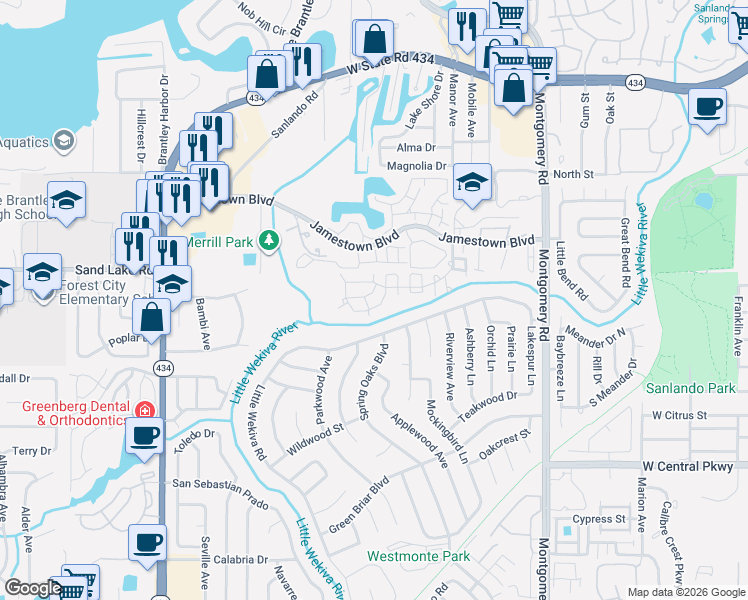 map of restaurants, bars, coffee shops, grocery stores, and more near 672 Roaring Drive in Altamonte Springs