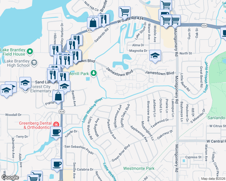 map of restaurants, bars, coffee shops, grocery stores, and more near 713 Sandy Court in Altamonte Springs