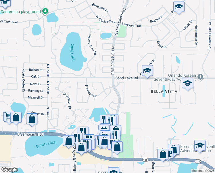 map of restaurants, bars, coffee shops, grocery stores, and more near 3199 Foxwood Drive in Apopka