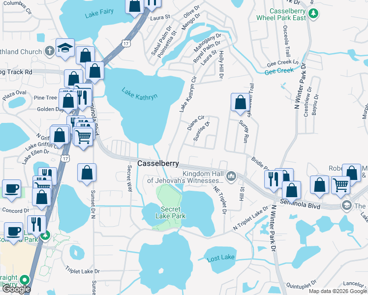 map of restaurants, bars, coffee shops, grocery stores, and more near 370 Diane Court in Casselberry