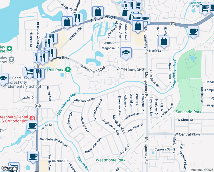 map of restaurants, bars, coffee shops, grocery stores, and more near 537 Little Wekiva Road in Altamonte Springs