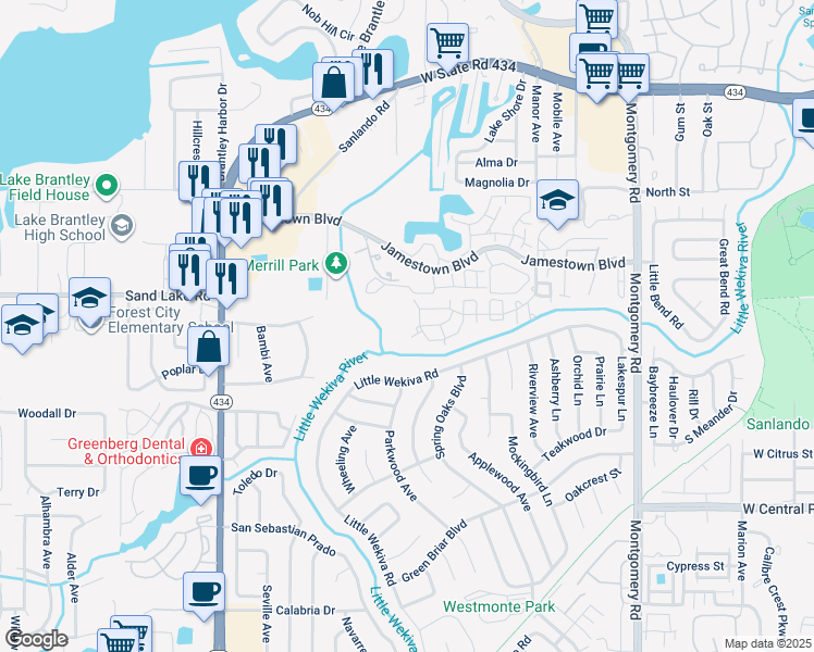 map of restaurants, bars, coffee shops, grocery stores, and more near 698 Roaring Drive in Altamonte Springs