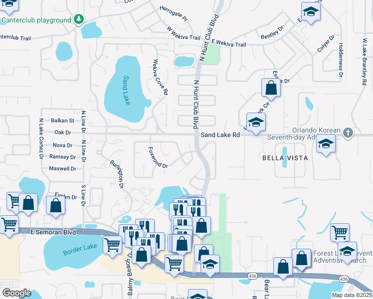 map of restaurants, bars, coffee shops, grocery stores, and more near 3199 Foxwood Drive in Apopka