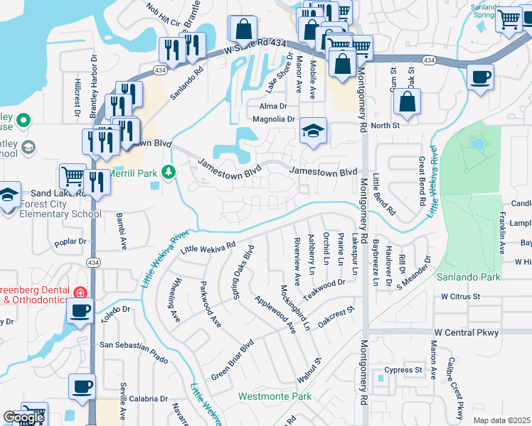 map of restaurants, bars, coffee shops, grocery stores, and more near 537 Little Wekiva Road in Altamonte Springs