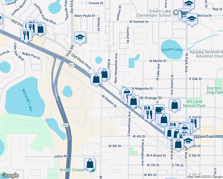map of restaurants, bars, coffee shops, grocery stores, and more near 429 West Orange Blossom Trail in Apopka