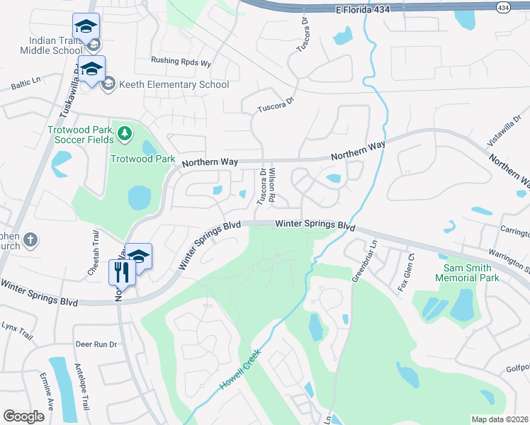 map of restaurants, bars, coffee shops, grocery stores, and more near 1403 Goolagong Ct in Winter Springs