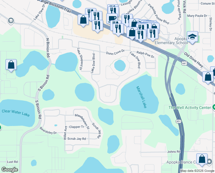 map of restaurants, bars, coffee shops, grocery stores, and more near 1732 West Marshall Lake Drive in Apopka